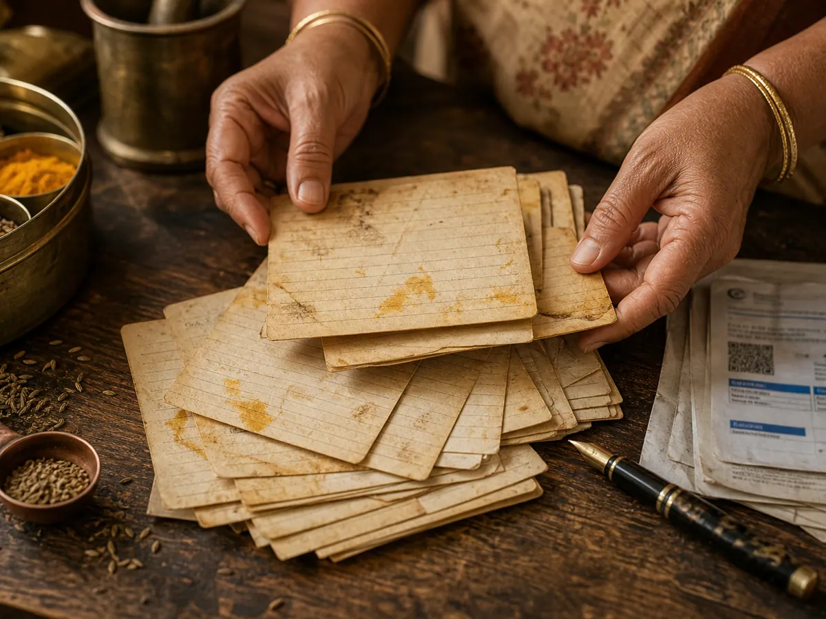 Faded handwritten Sindhi recipe card for aam ki kadhi with notes in the margins