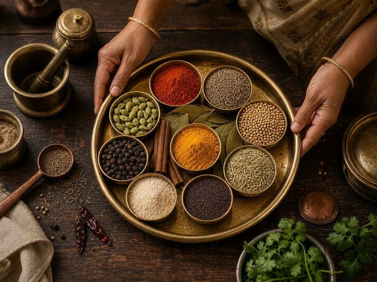 Tray of Indian spices arranged like a colour wheel — turmeric, red chilli, cumin, fennel, and asafoetida