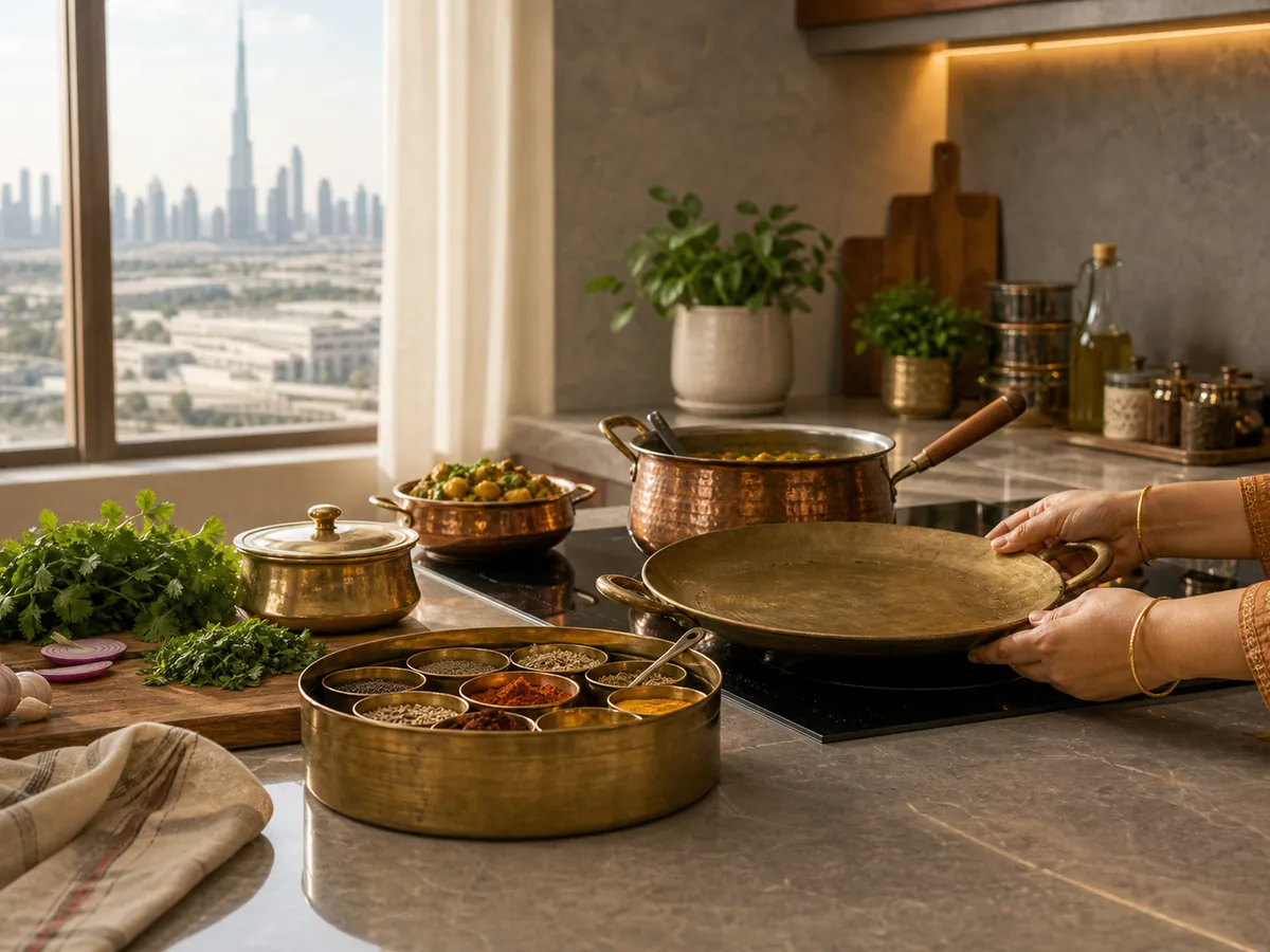 Modern Wellington apartment kitchen with traditional Indian brass pots on a sleek countertop