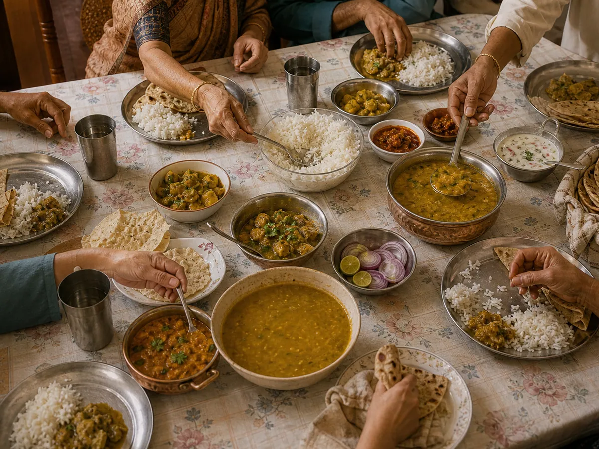 Multigenerational Indian family gathered for Eid lunch around a long dining table, 1994