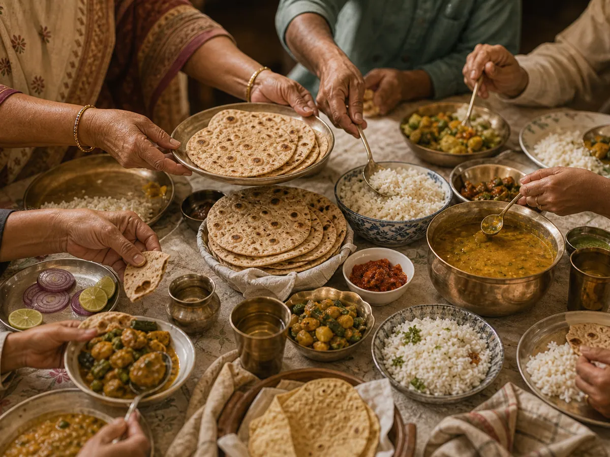 Multigenerational Indian family sharing a home-cooked meal at a long table