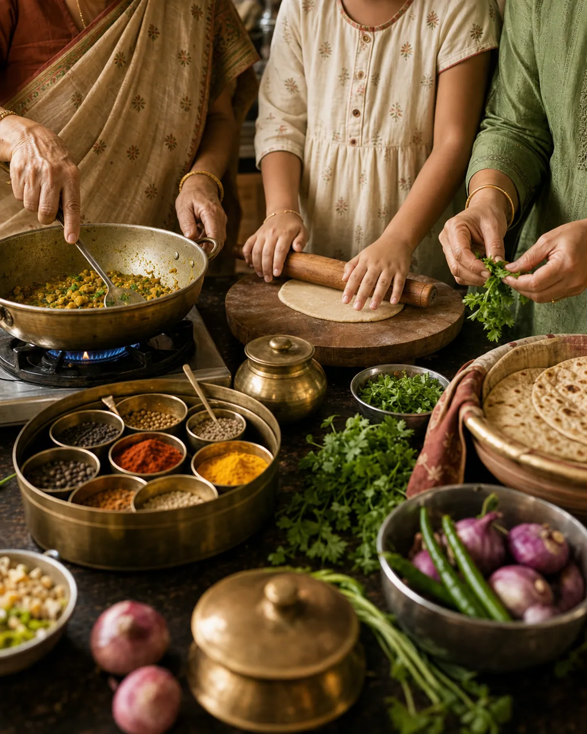 Three generations of a Sindhi family cooking together in a warm home kitchen