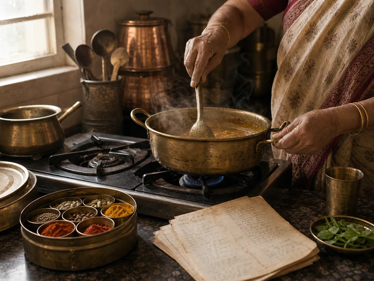 Sindhi grandmother stirring a pot at a chulha in a 1960s Bahrain kitchen
