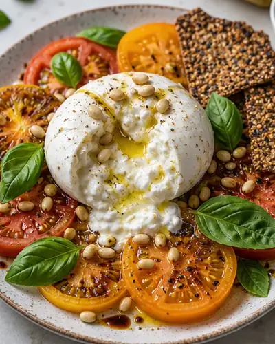 Caprese with Burrata + Lentil Crackers