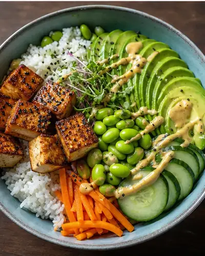 Japanese Edamame Tofu Rice Bowl