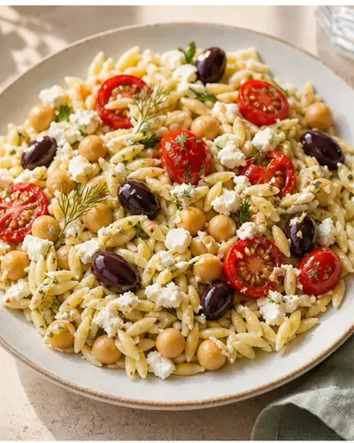Lemon Orzo with Chickpeas + Feta