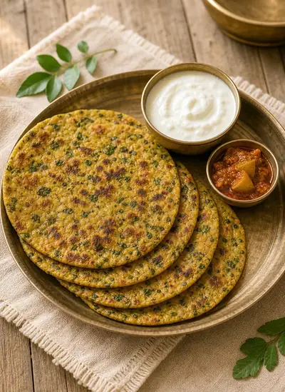 Methi Thepla with Yogurt and Pickle
