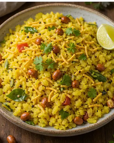 Indori Poha with Jaggery + Peanuts