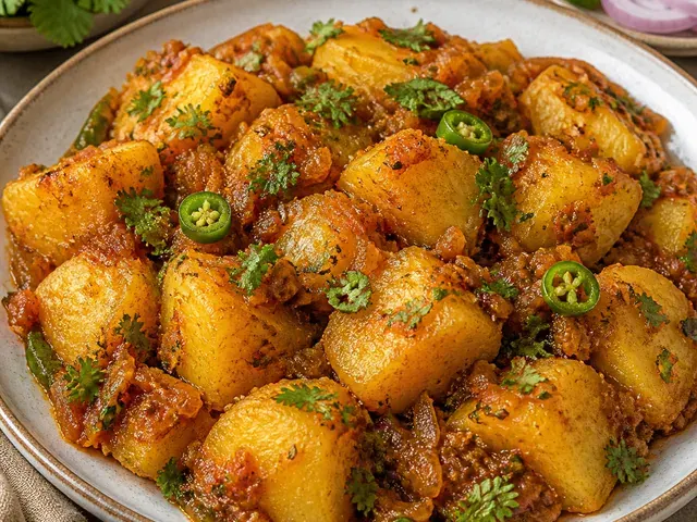 Sindhi Tomato-Aloo Bhugo (Pan-Bhuna)