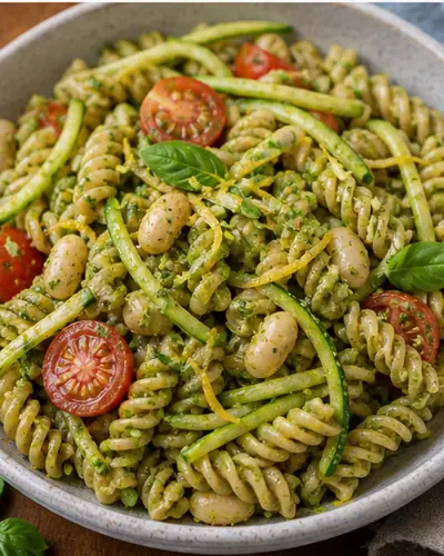 Zucchini Pesto Pasta with White Beans