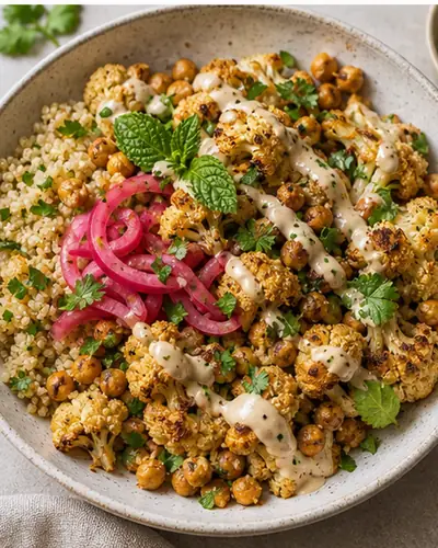 Tahini Cauliflower + Chickpea Bowl